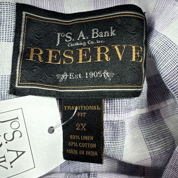 Jos A Bank Reserve Linen Blend Shirt Mens 2XL Button Up Purple Gray Plaid Check‎ - Picture 3 of 6